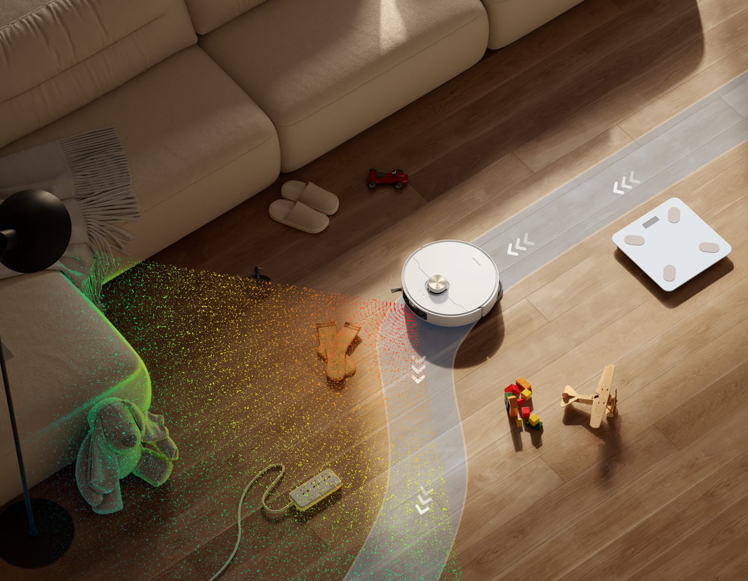 A cleaning robot mobbing a flat floor