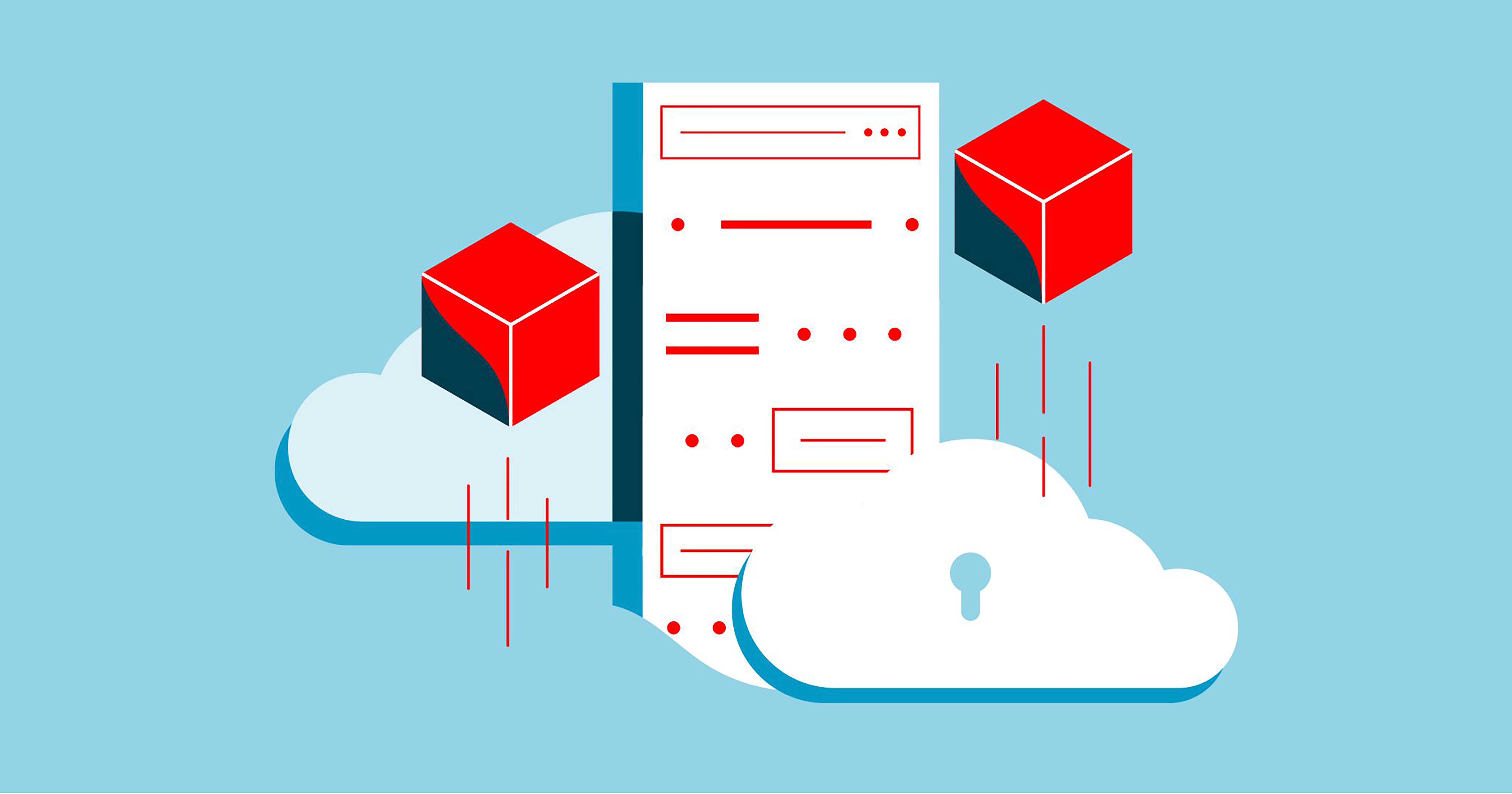 red hat blue clouds and red boxes