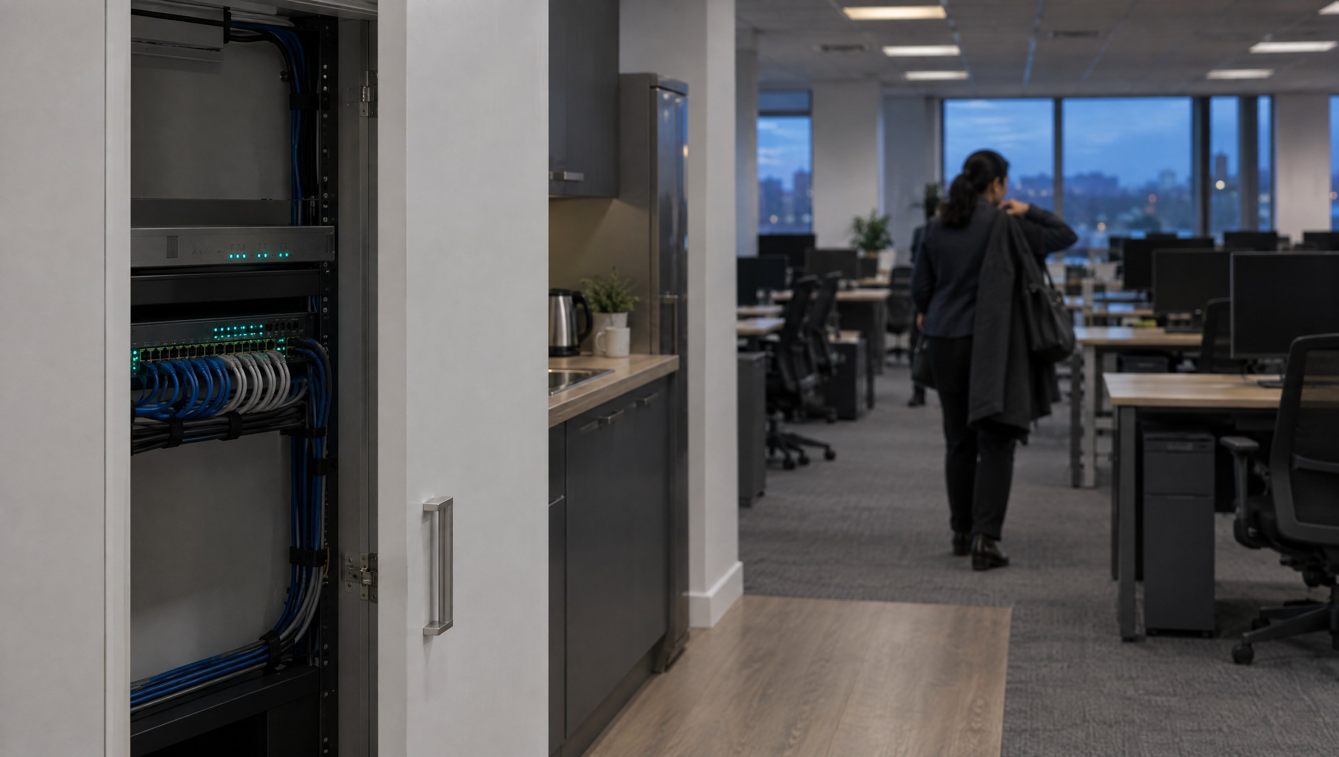 An office comms cupboard standing open beside the kitchen, network equipment inside with small teal status lights, while beyond it a woman puts on her coat to leave the empty office at dusk.