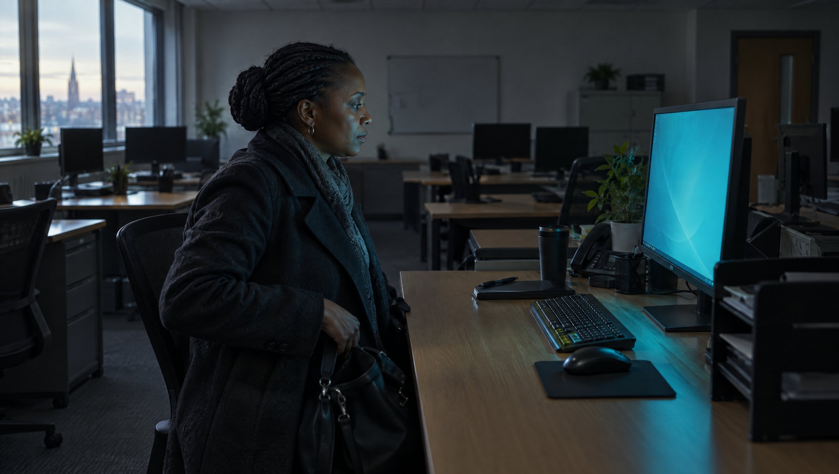 The first person into a small office at dawn, still in her coat with her bag in her hand, looking at the one monitor left awake among rows of dark ones.