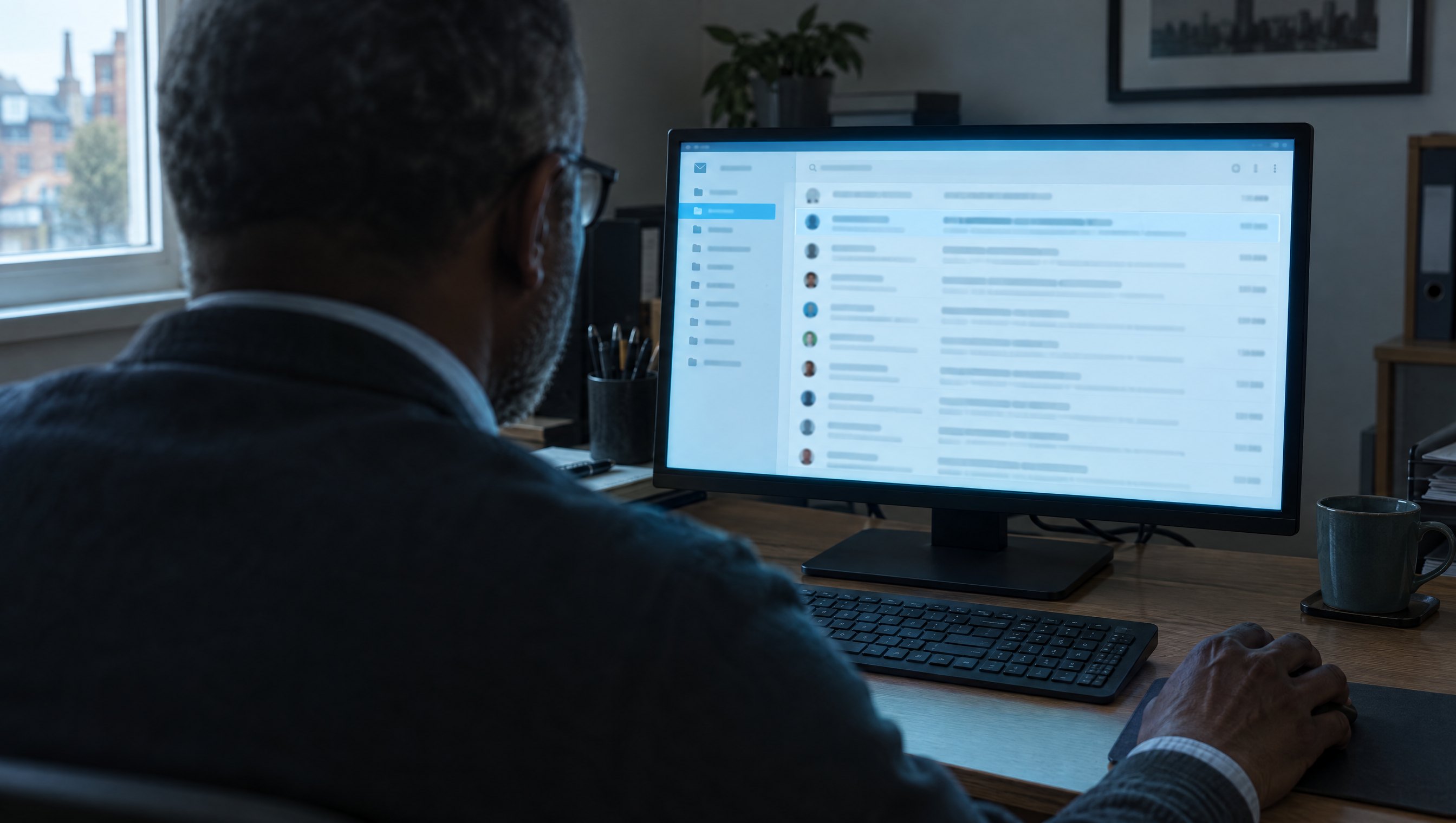 Seen over a bookkeeper's shoulder, an email inbox open on a desktop monitor in a small office, one message highlighted in the list.