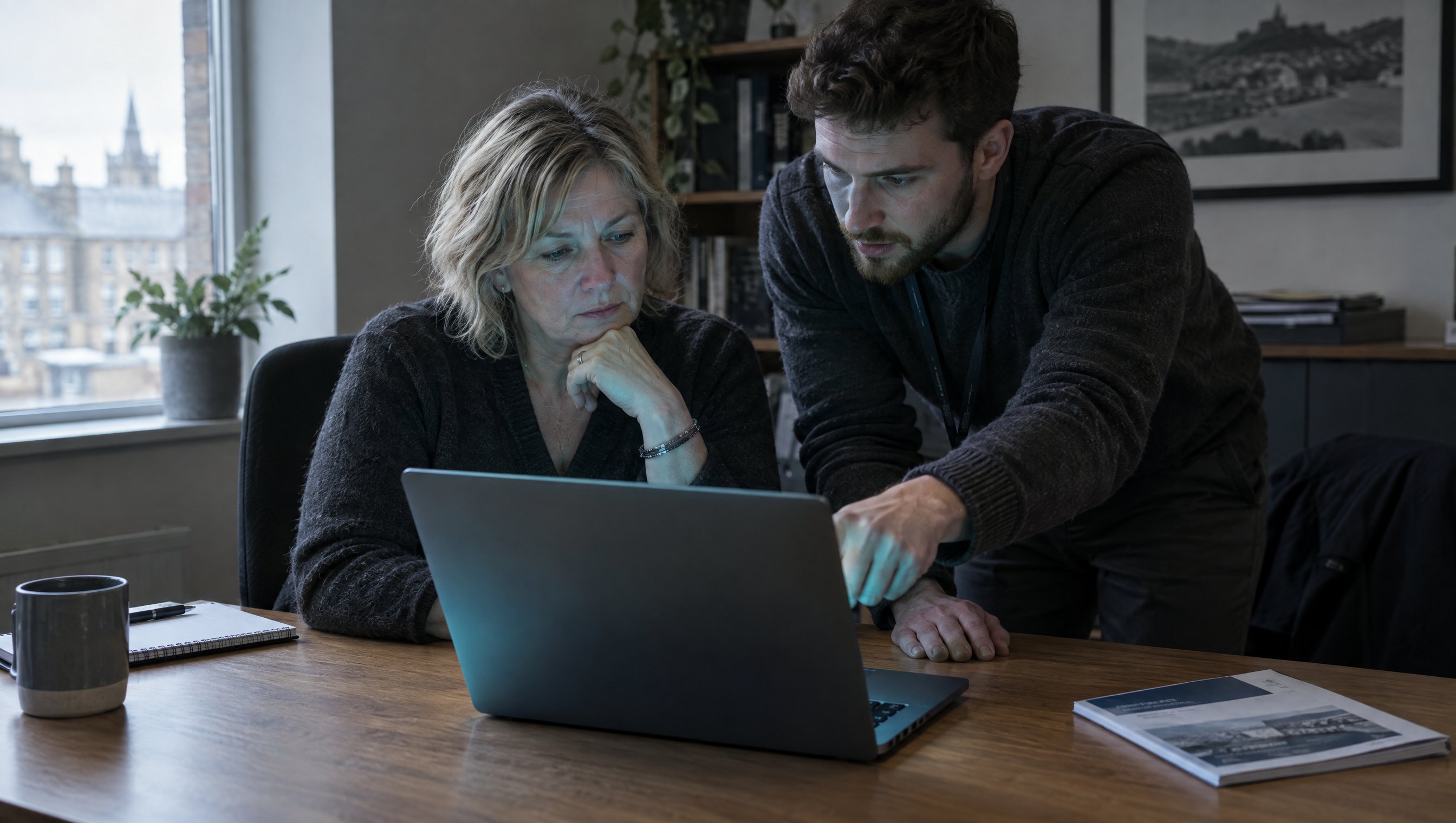 A business owner and their IT provider looking together at a laptop in a small office, a printed guidance booklet lying unopened on the desk beside them.